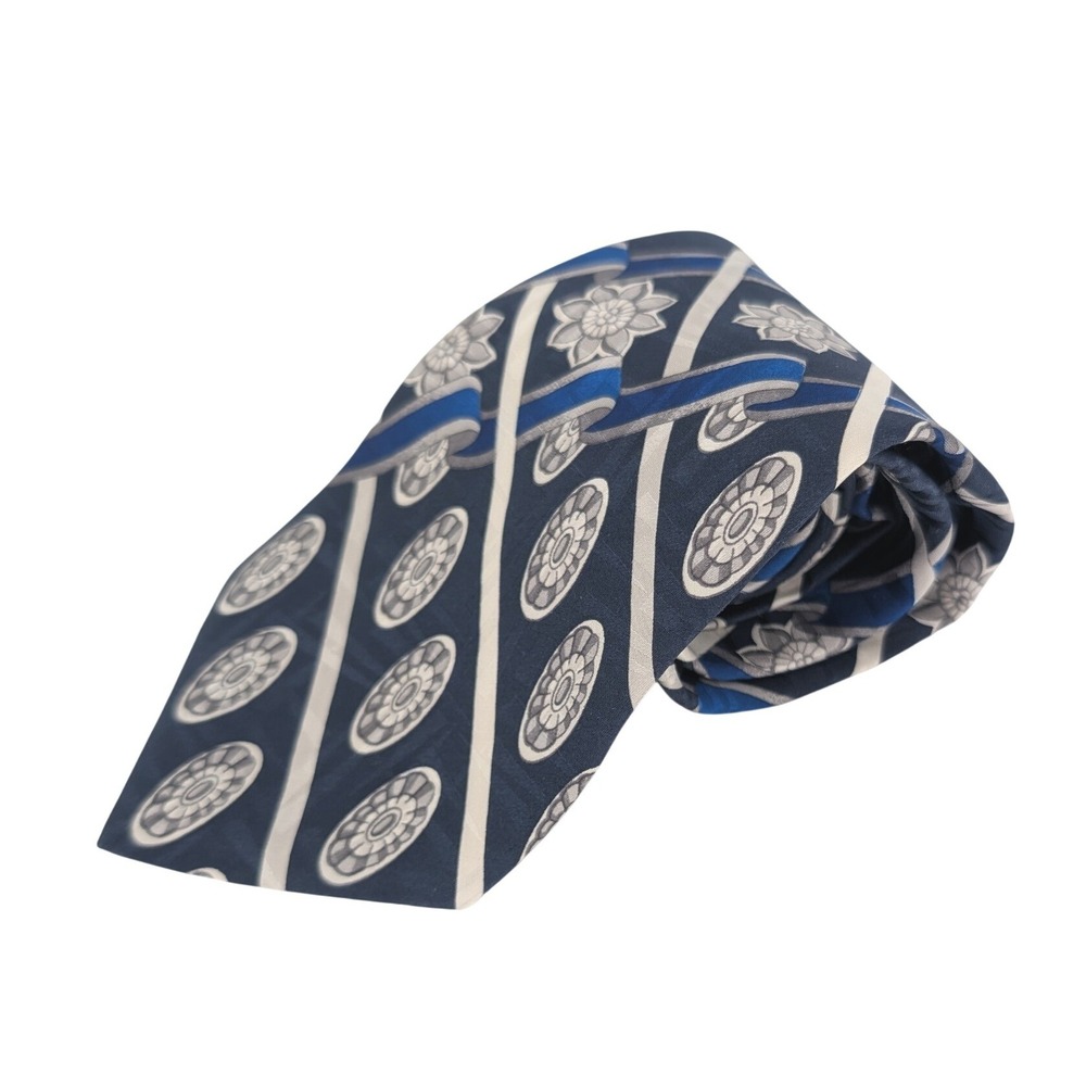 Luciano Soprani Silk Tie Mens OS Blue Silver Floral Medallion Italian Luxury‎